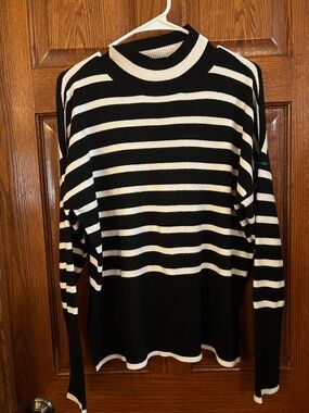 Cyrus Large Woman’s Black & White Striped High Neck Long Sleeve Knit Sweater